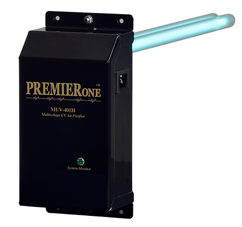 A PremierOne MUV-401H UV air purifier with its lamp lit